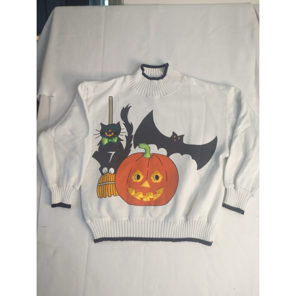 Vintage 90s Sports Accent Halloween Sweatshirt Bat Pumpkin Cat Size M